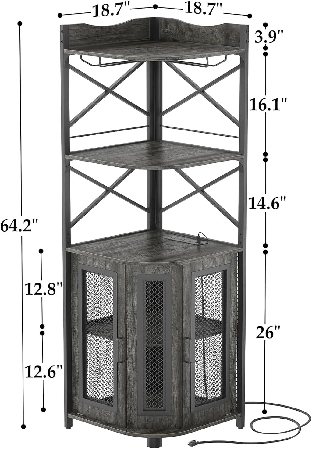 Grey Oak 5-Tiers Corner Bar Cabinet with Power Outlet X63526