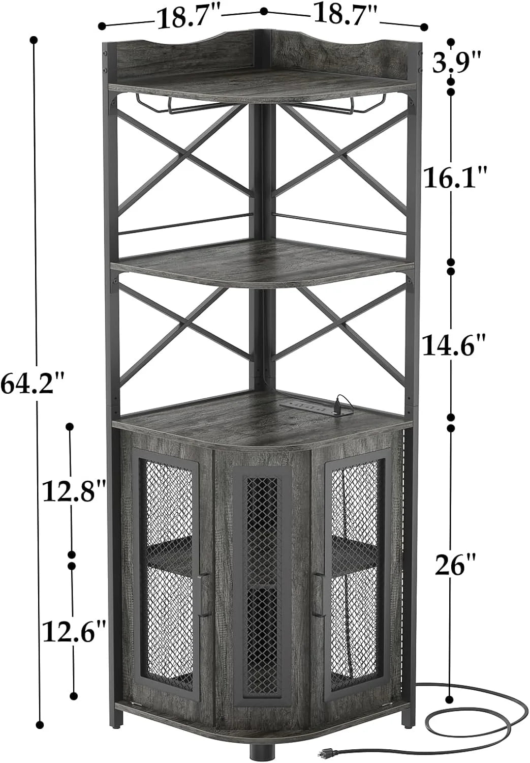 Grey Oak 5-Tiers Corner Bar Cabinet with Power Outlet X63526