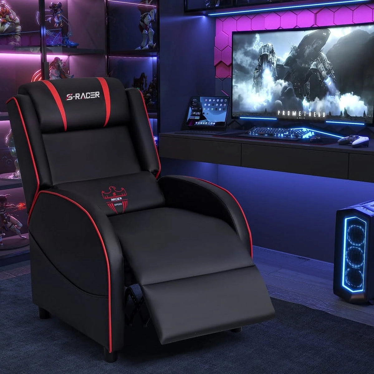 Red PU Leather Massage Gaming Recliner Chair I11923