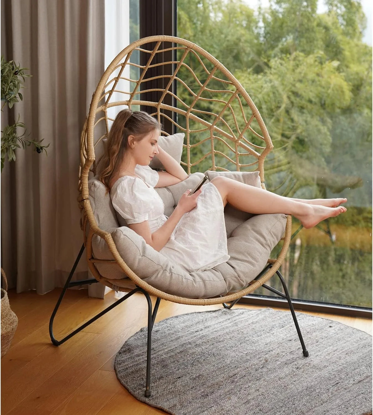 Oversized Wicker Egg Chair with Stand and Cushion D2135