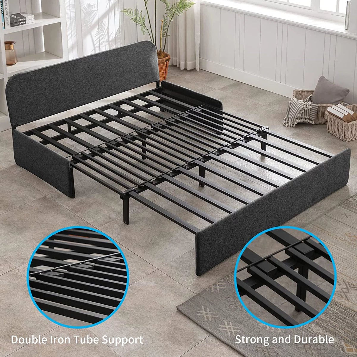 Queen Size Convertible Linen Sleeper Sofa Bed Dark Gray B819453