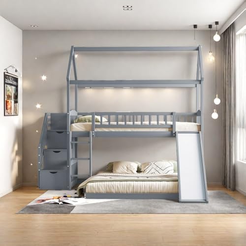 Twin Over Full Bunk Bed with Stairs and Slide, Gray M29973