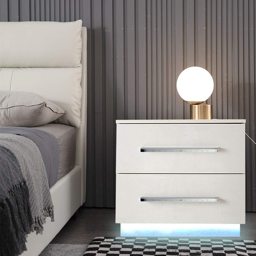 White 2 Drawer LED Nightstand V459
