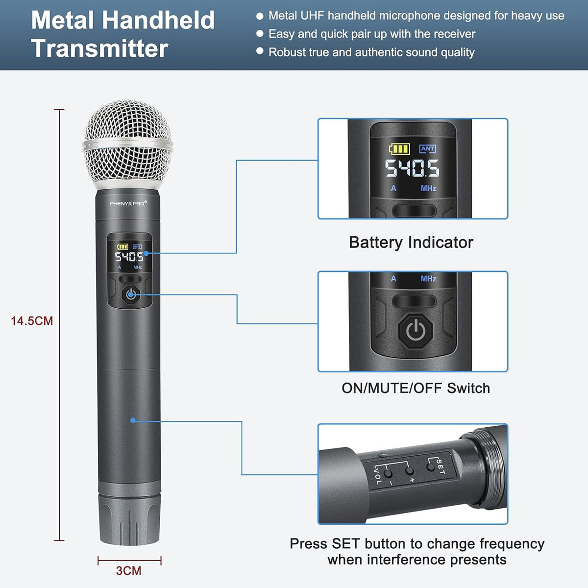 UHF Wireless Microphone System, 30 Adjustable Frequencies, Handheld/Bodypack/Headset/Lapel Mic Set with Case G88013