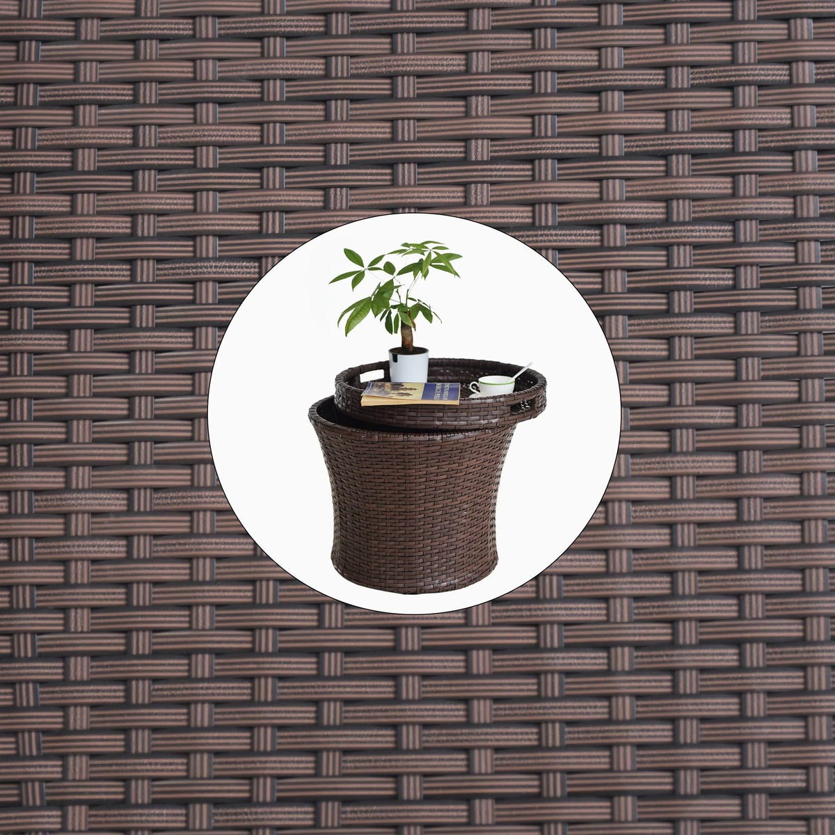 Small Brown Wicker Rattan Side Table with Storage J152
