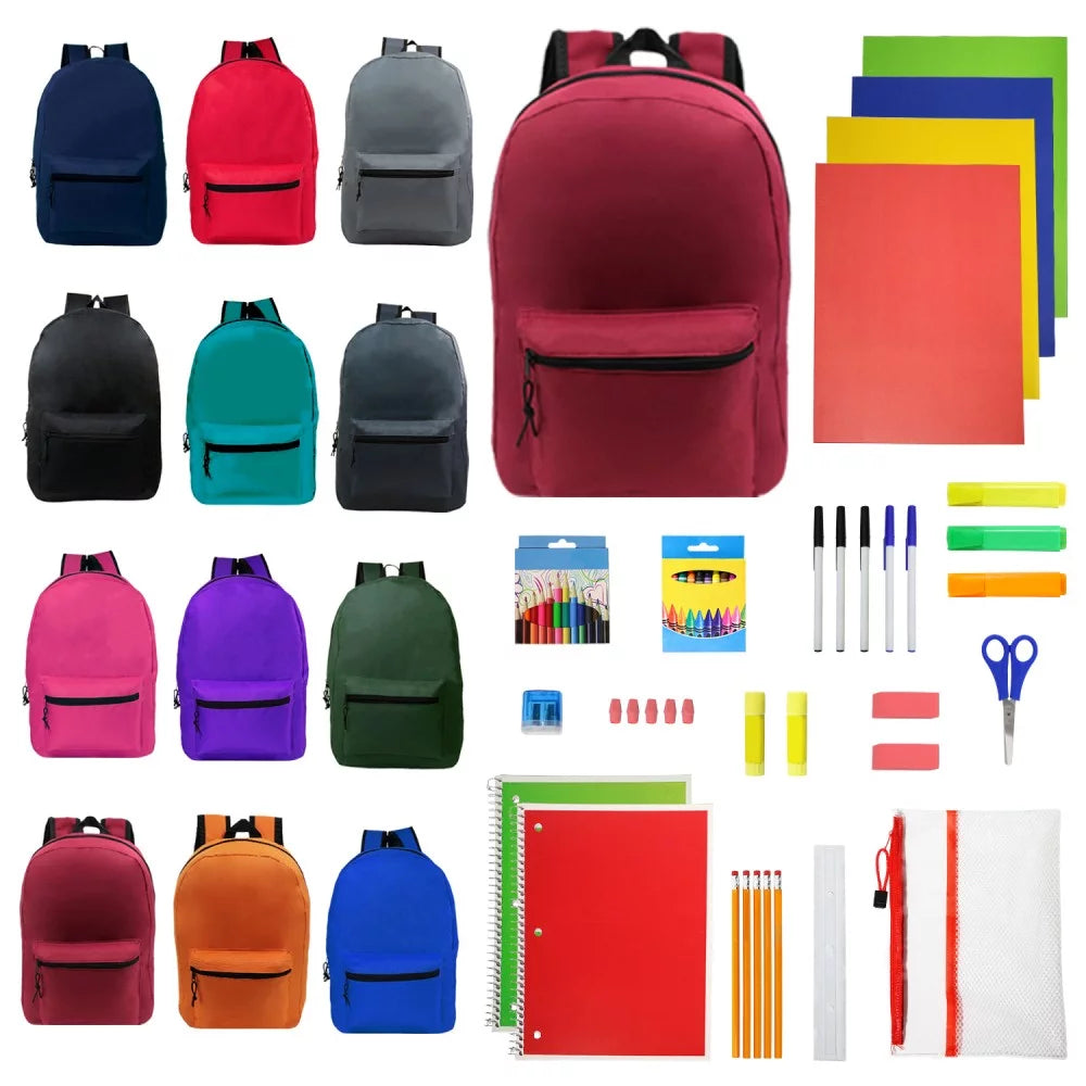 15 Inch 24 Pack Backpacks with 52 Piece School Supply Kits W24444