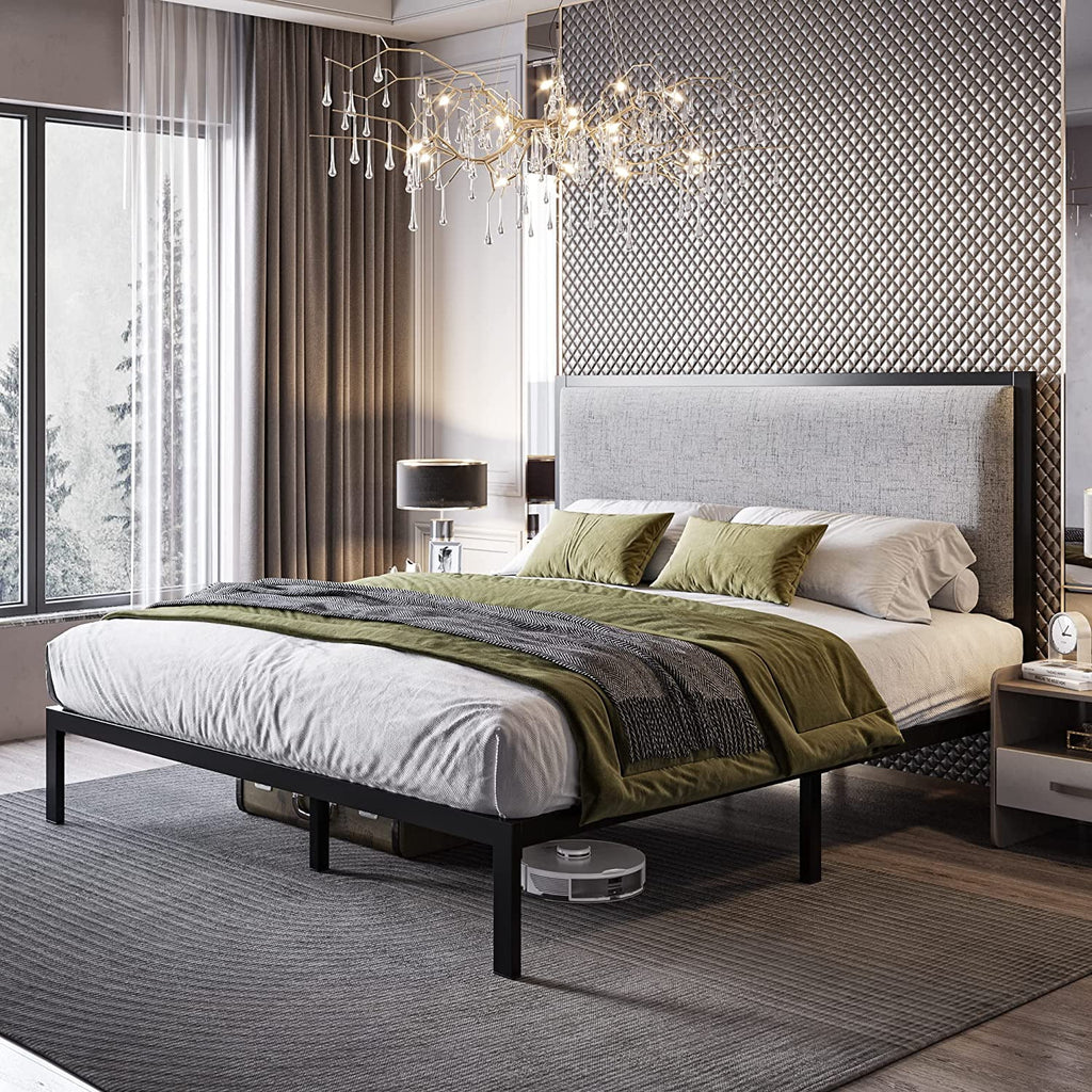 Queen Size Grey Metal Platform Bed Frame with Upholstered Headboard V59501