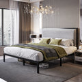 Queen Size Grey Metal Platform Bed Frame with Upholstered Headboard V59501