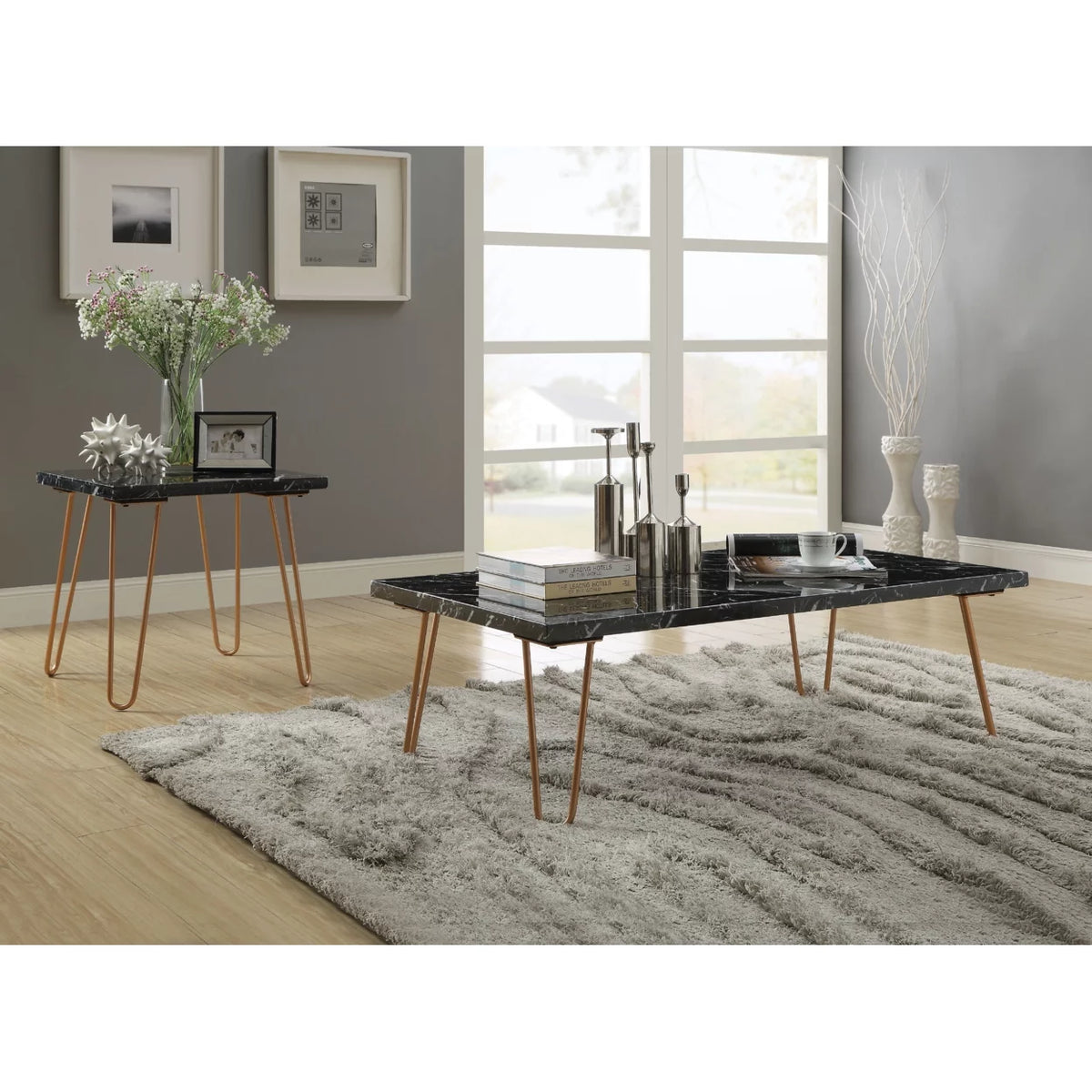Black Marble Top End Table With Gold Metal Legs X48324