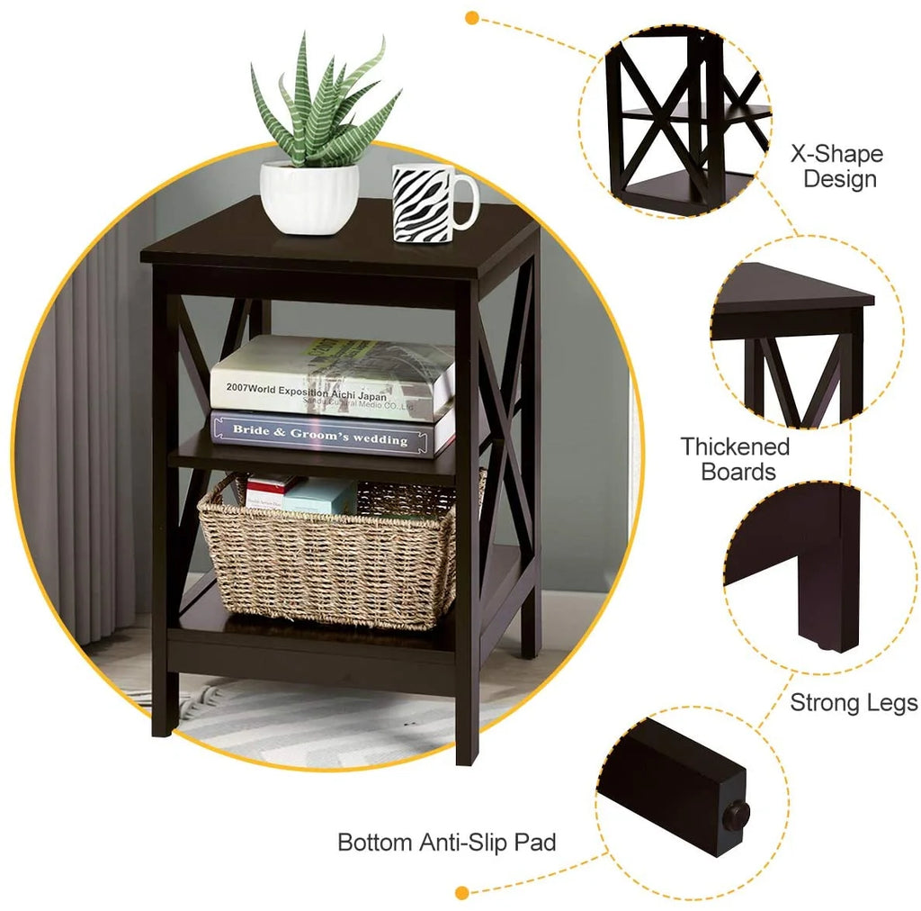 3-Tier Nightstand Set of 2 Wooden Side Table with Storage Shelf T907346