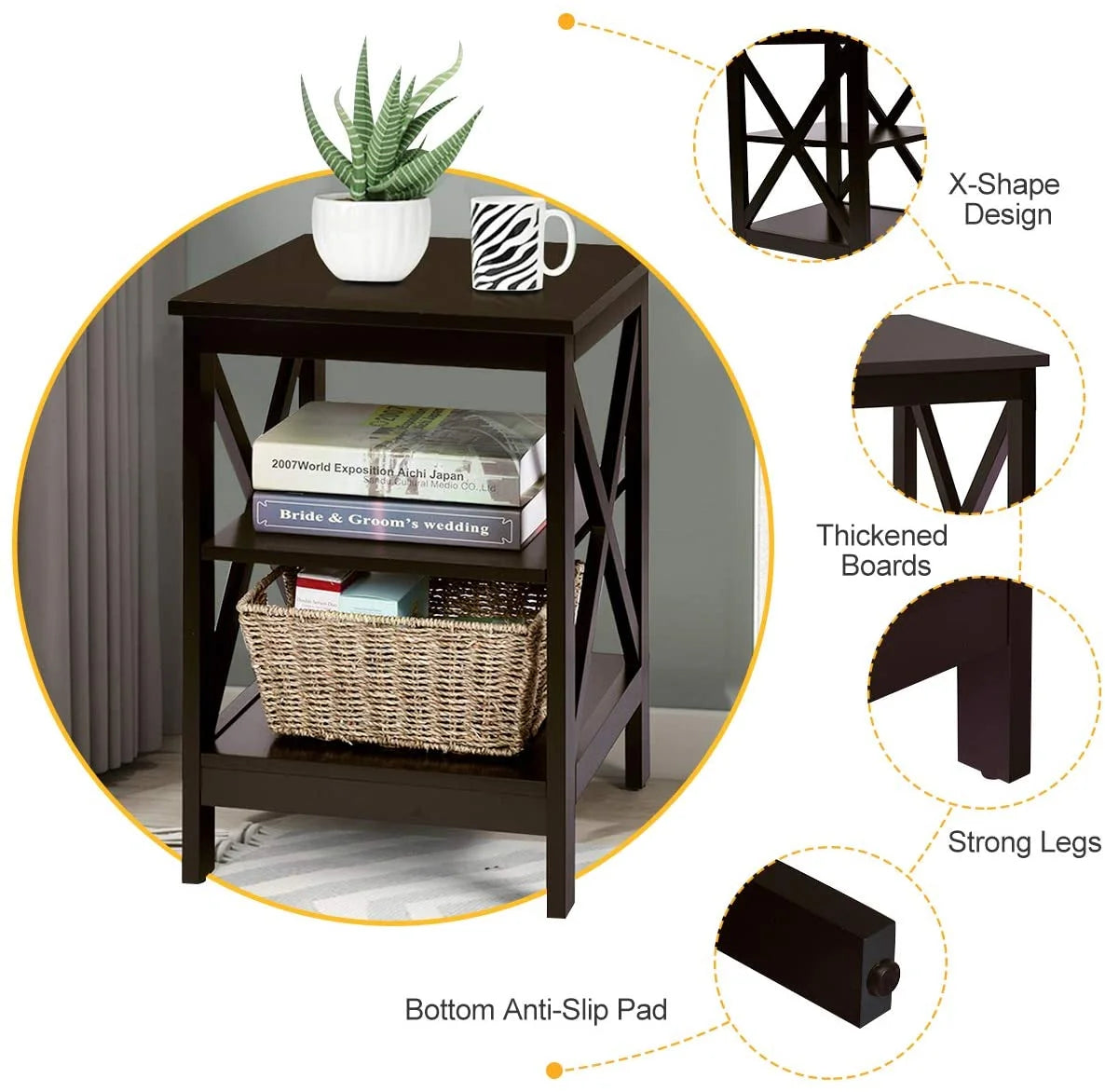 3-Tier Nightstand Set of 2 Wooden Side Table with Storage Shelf T907346