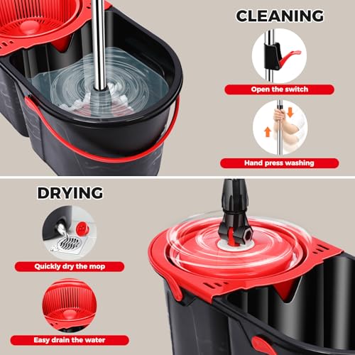 Spin Mop and Bucket with Wringer Set, 3 Mop Heads G139