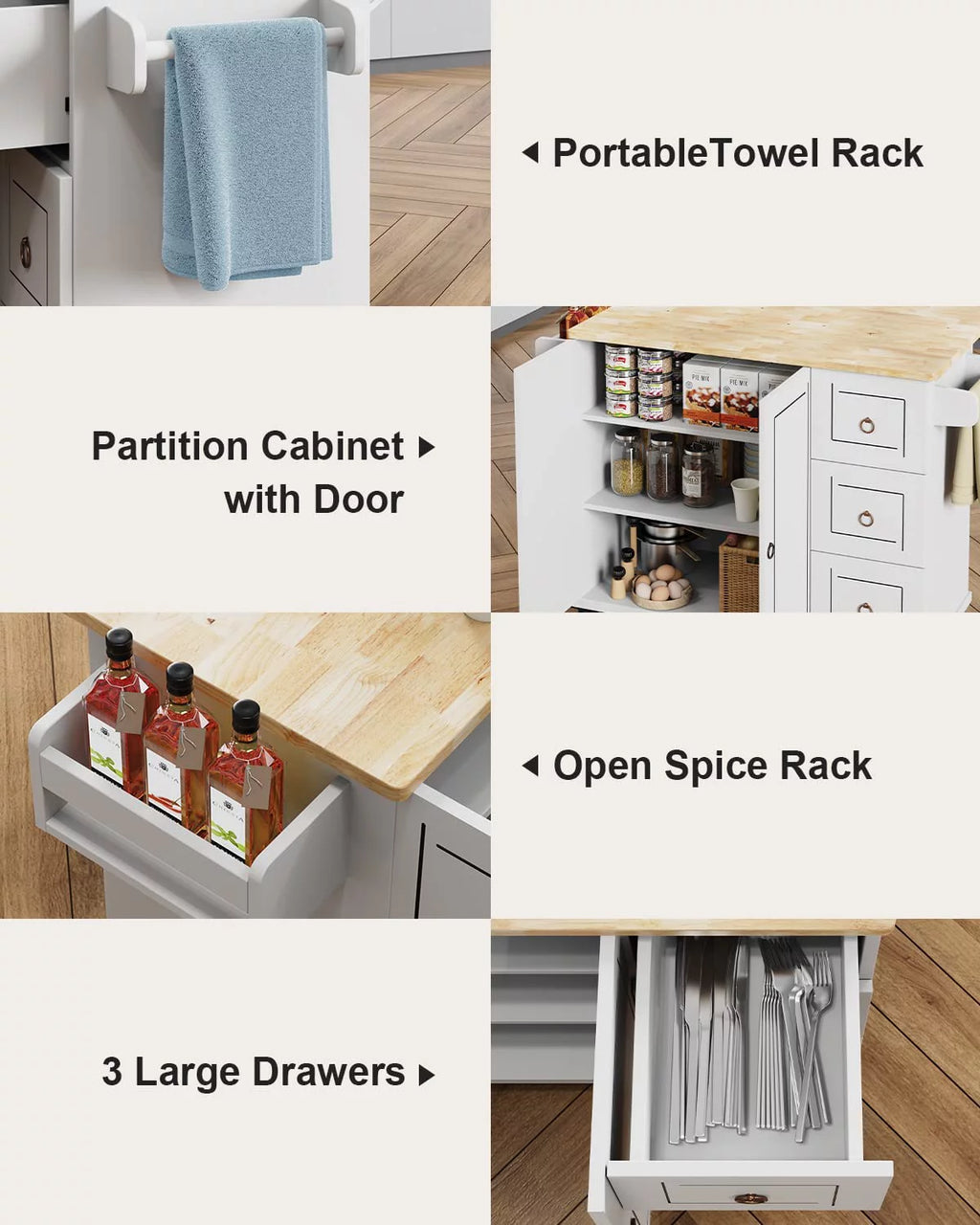 White Kitchen Cart on Wheels with Storage F189