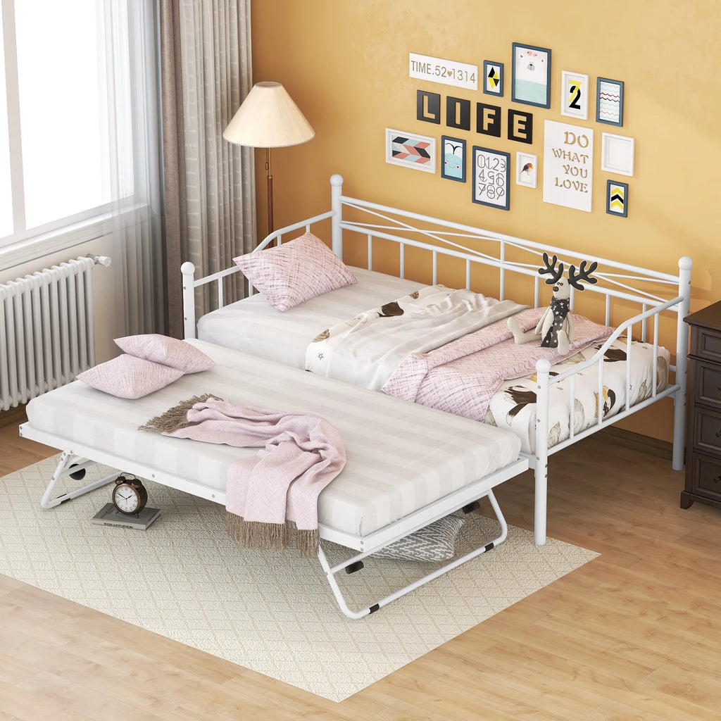 Twin Size White Metal Daybed with Adjustable Trundle R2800