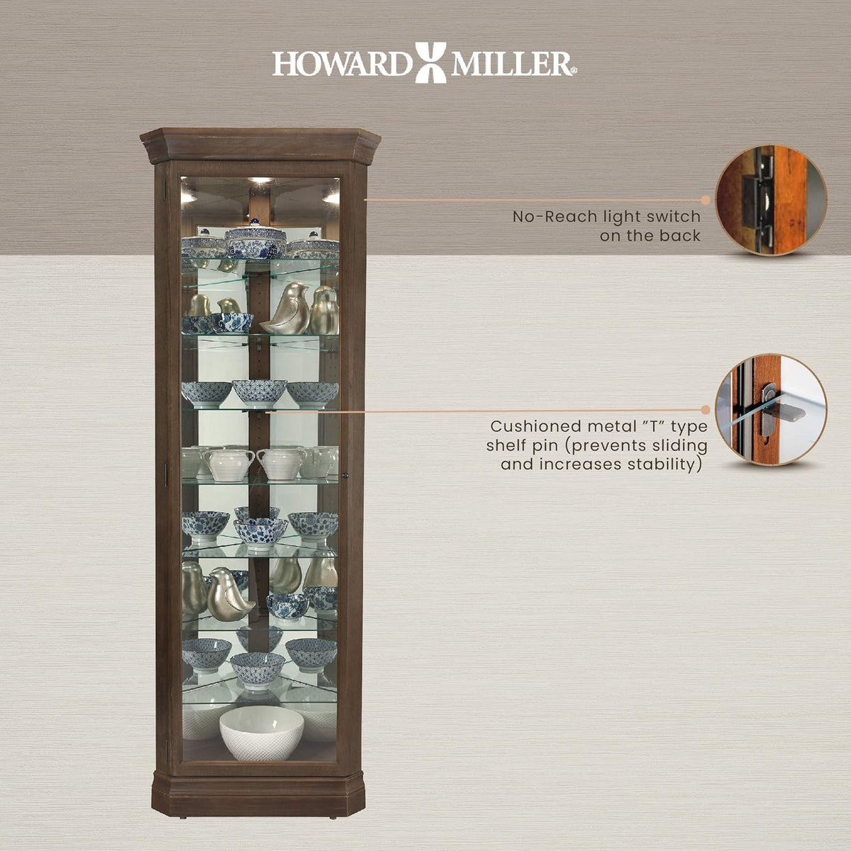 Aged Auburn Curio Cabinet with Glass Shelves R8105