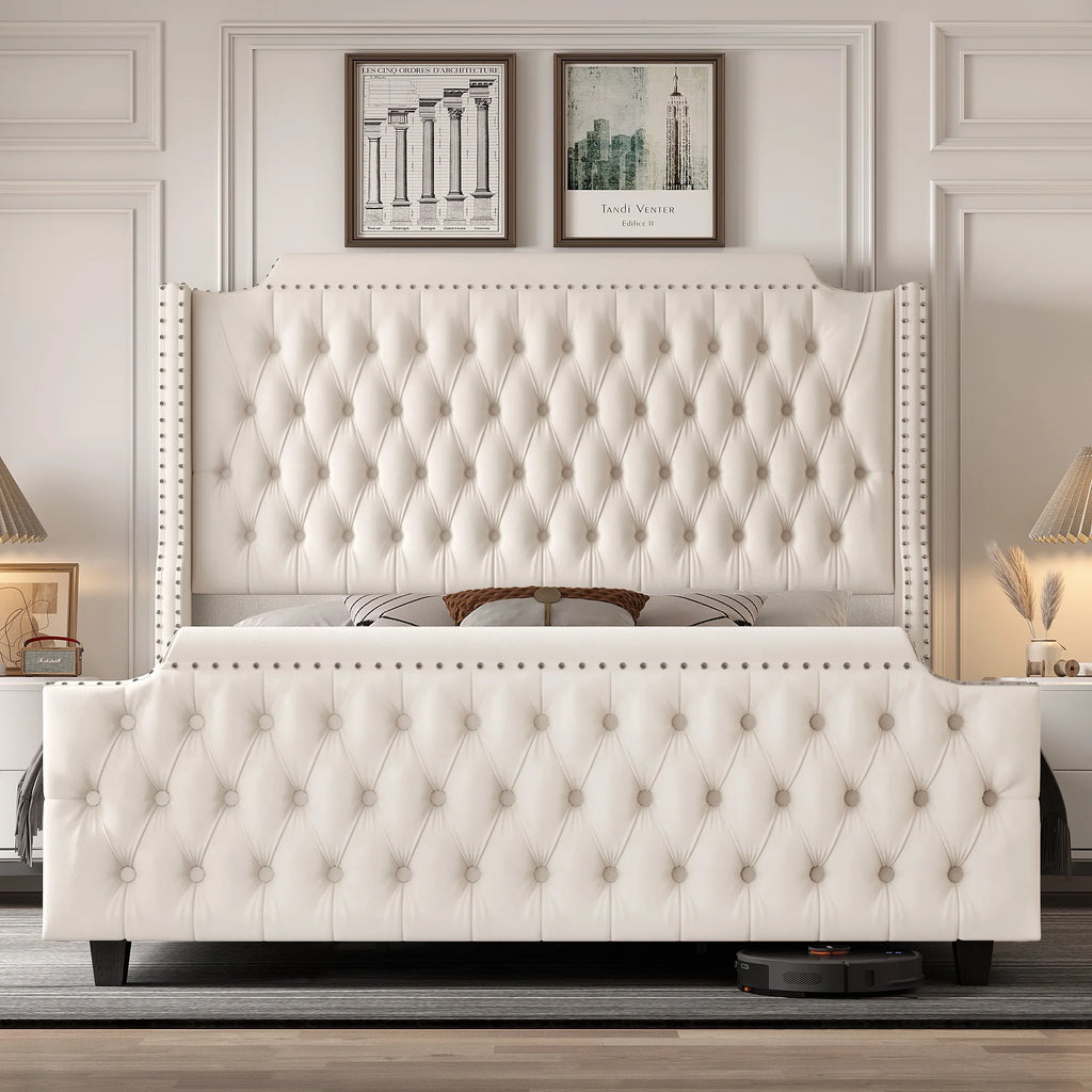Queen Size Velvet Button Tufted Upholstered Bed with Headboard and Footboard L648