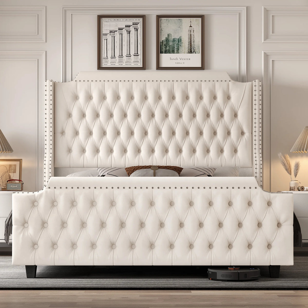 Queen Size Velvet Button Tufted Upholstered Bed with Headboard and Footboard L648