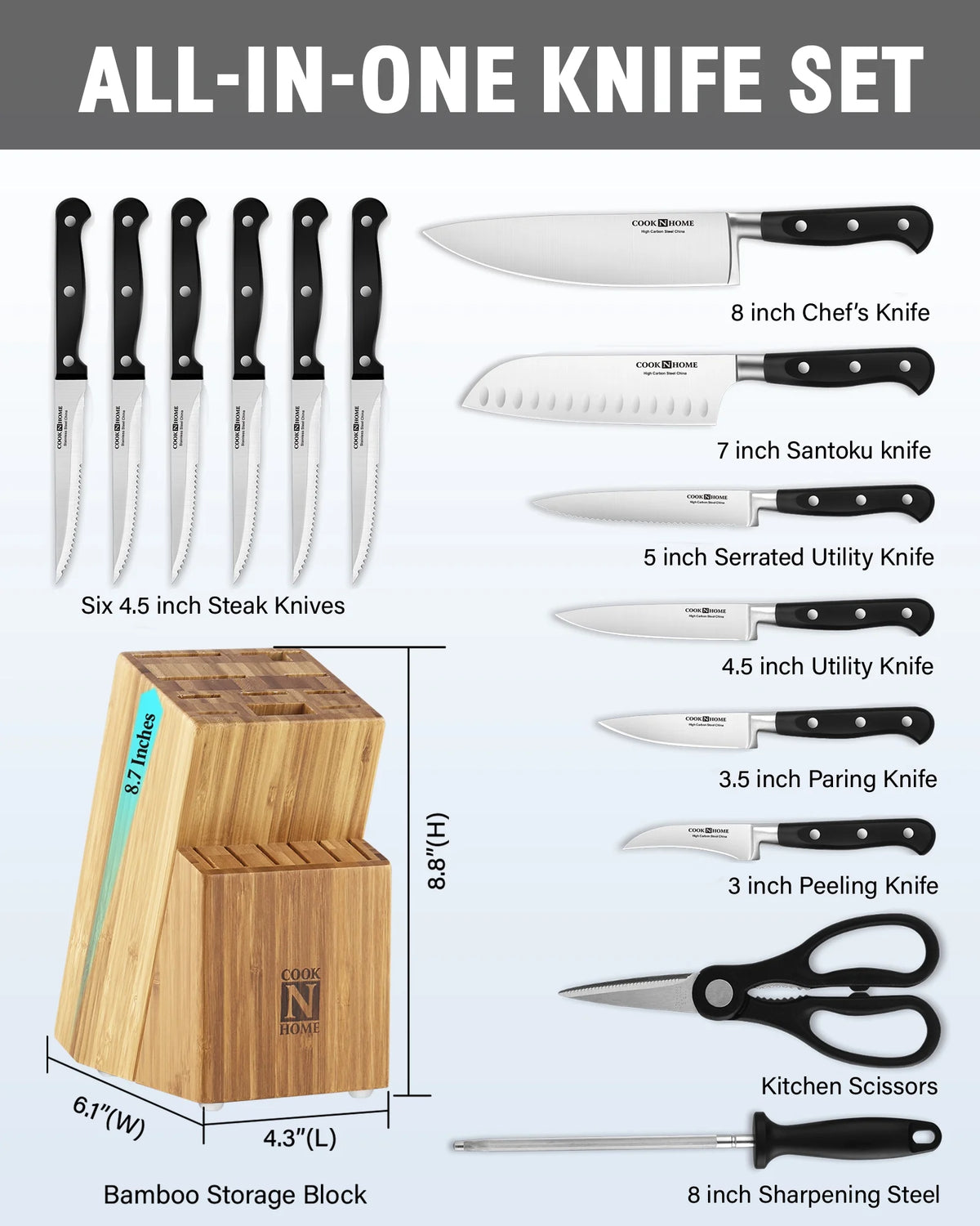 15-Piece High Carbon Stainless Steel Knife Set with Bamboo Storage Block V52435