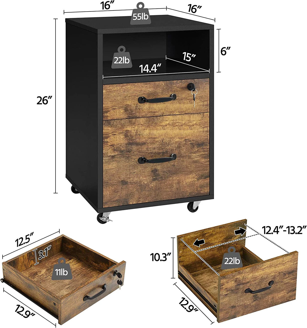 2 Drawer Filing Cabinet with Lockable Wheels U1848