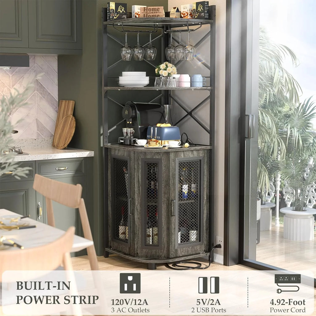 Grey Oak 5-Tiers Corner Bar Cabinet with Power Outlet X63526