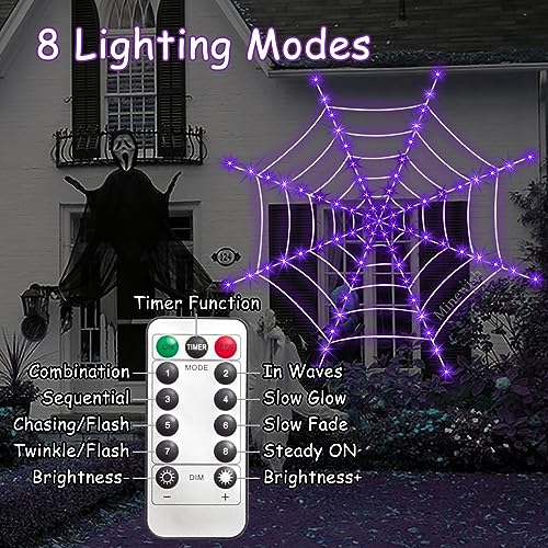 Purple LED Light Up Spiderweb & Large Spider Halloween Decorations P6126