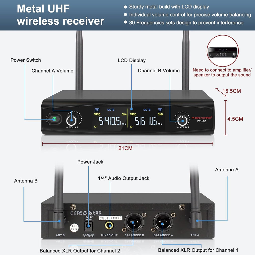 UHF Wireless Microphone System, 30 Adjustable Frequencies, Handheld/Bodypack/Headset/Lapel Mic Set with Case G88013