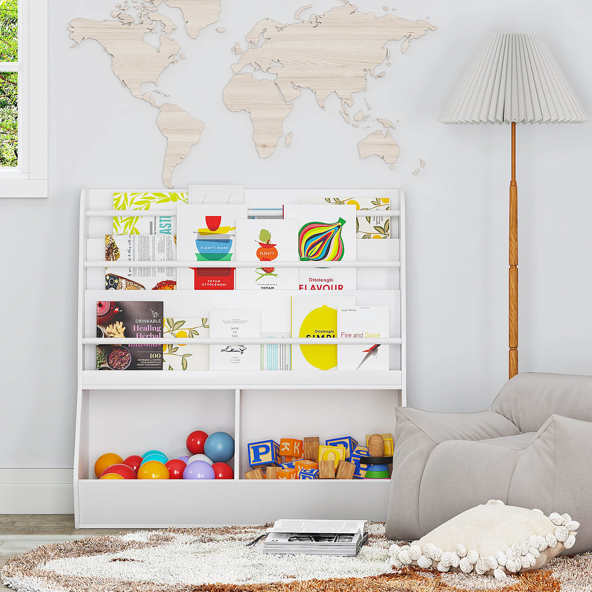White Wooden Kids Bookshelf and Toy Storage Cabinet O502858