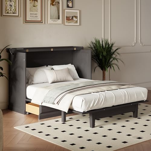 Queen Size White Murphy Bed Cabinet with Charging Station & Storage Drawer V2416