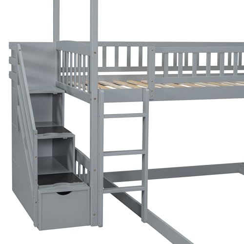 Twin Over Full Bunk Bed with Stairs and Slide, Gray M29973