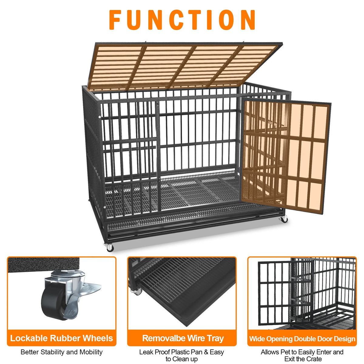 48/38 inch Heavy Duty Dog Crate Kennel with Removable Trays, Wheels and Double Door S3750
