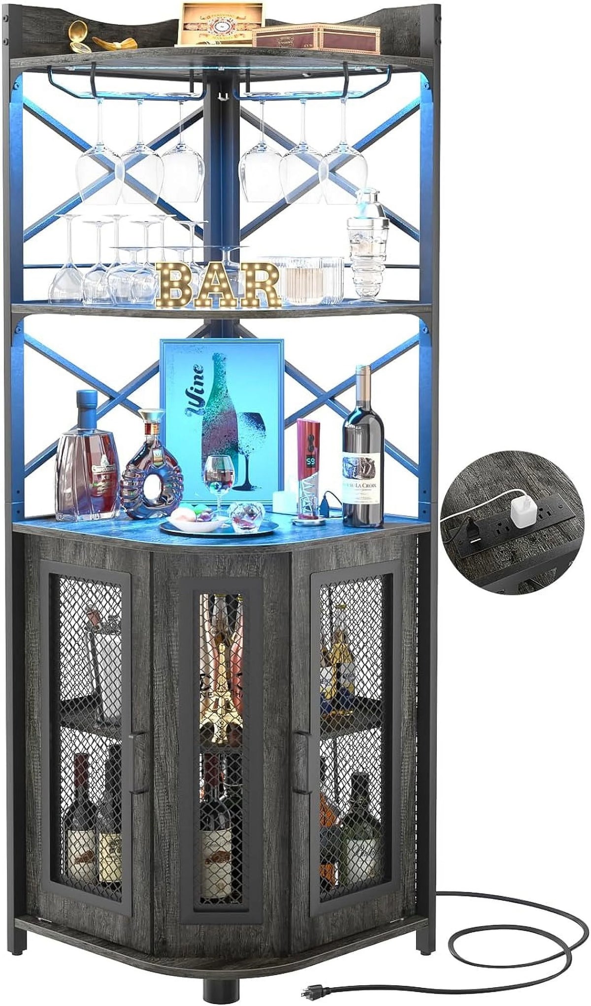 Grey Oak 5-Tiers Corner Bar Cabinet with Power Outlet X63526