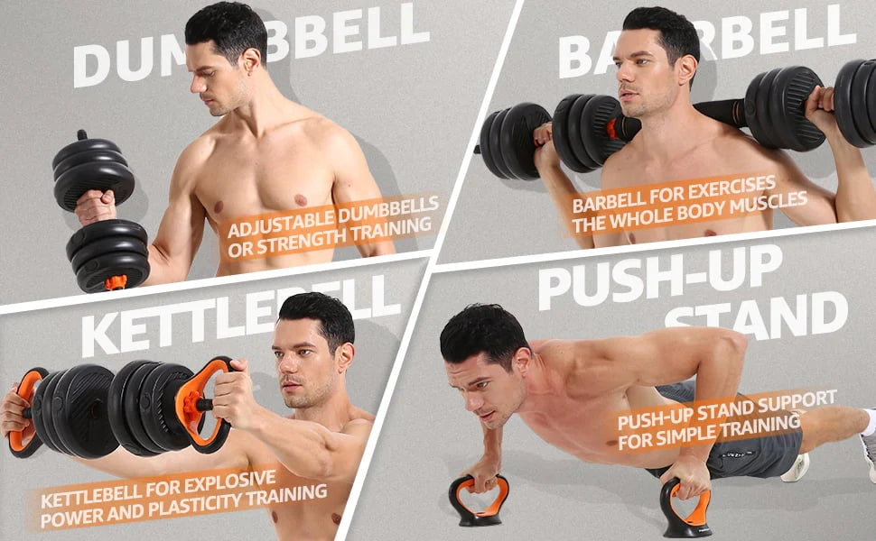 Adjustable 77lb 4-in-1 Dumbbell Barbell Kettlebell Set J40122