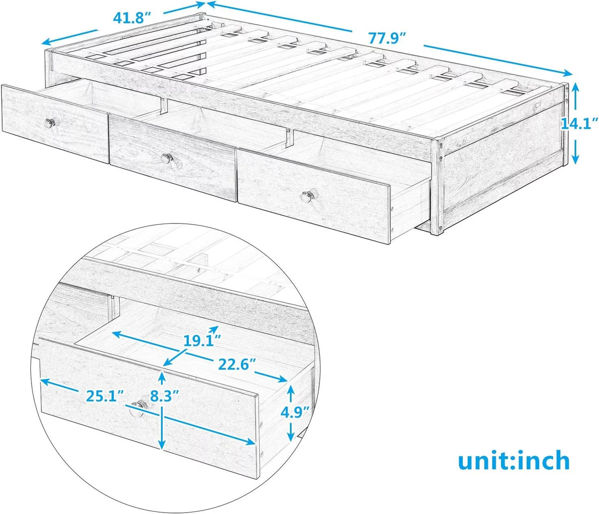 Cherry Wood Storage Bed with 3 Drawers R75052
