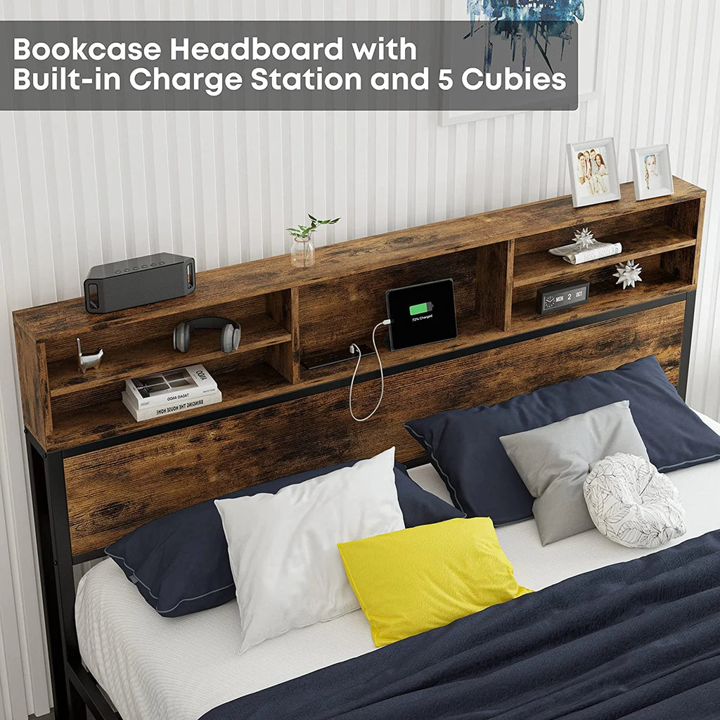 Full Bed Frame with Bookcase Headboard and Charging Station O691283