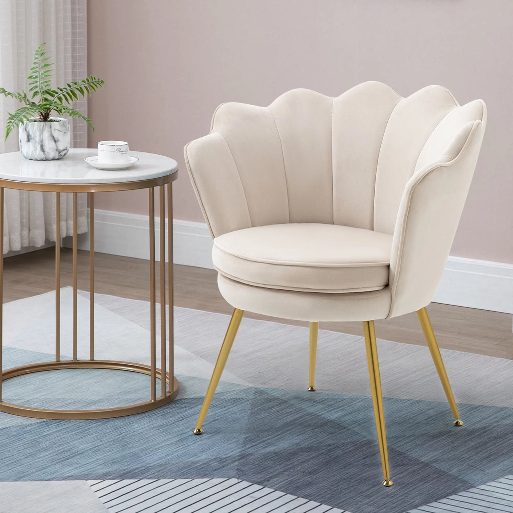 White Velvet Upholstered Arm Chair with Golden Metal Legs, Set of 2 B41342