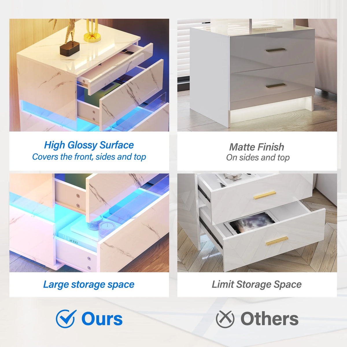 High Gloss LED Nightstand with 3 Drawers T24171