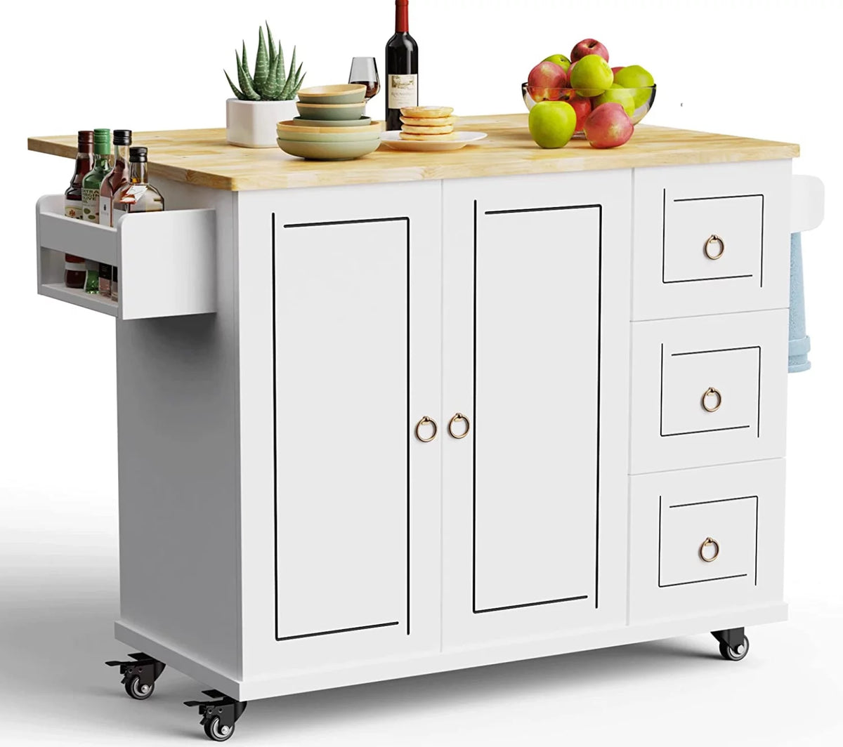 White Kitchen Cart on Wheels with Storage F189