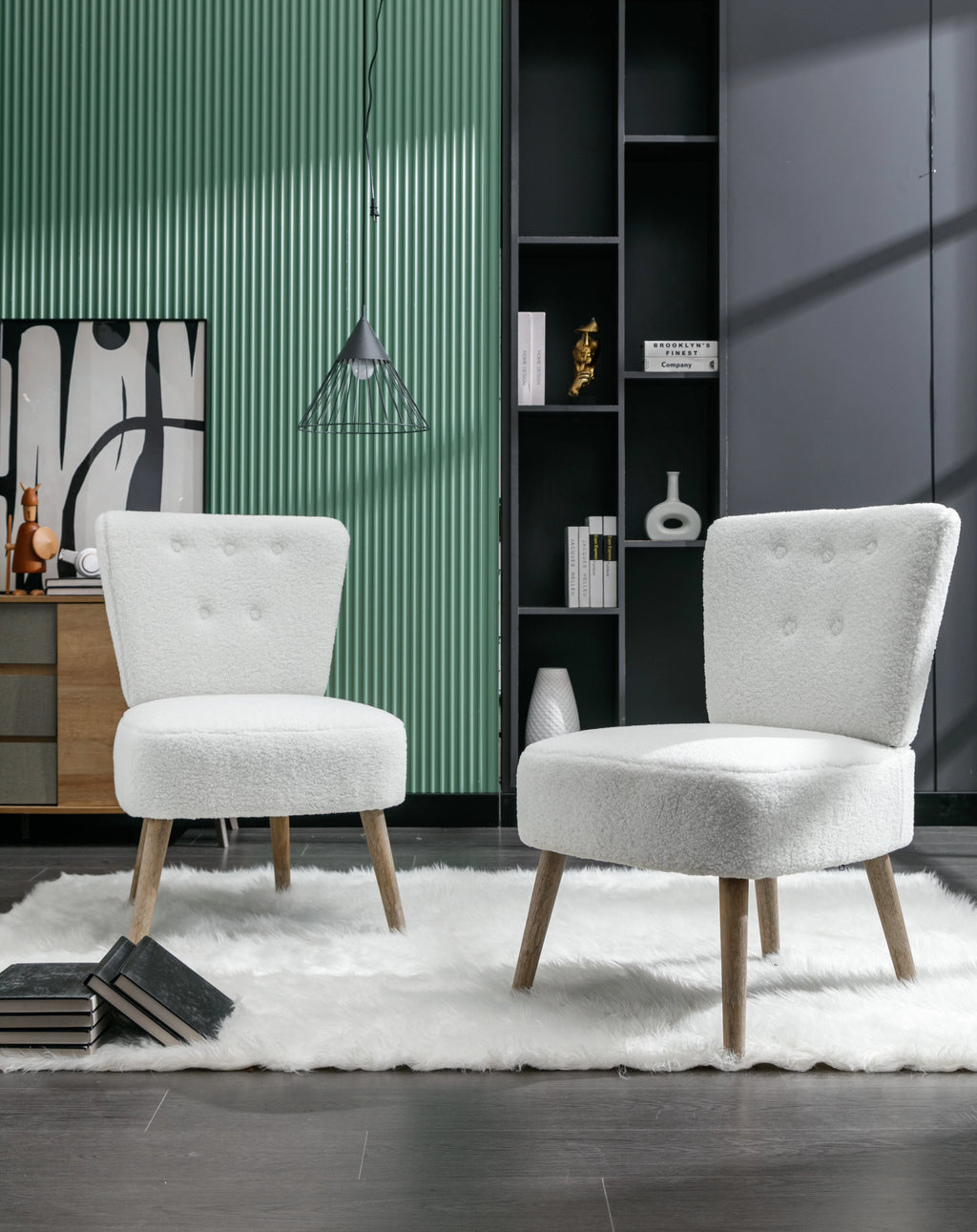 White Teddy Fabric Slipper Chair with Wooden Legs D2920
