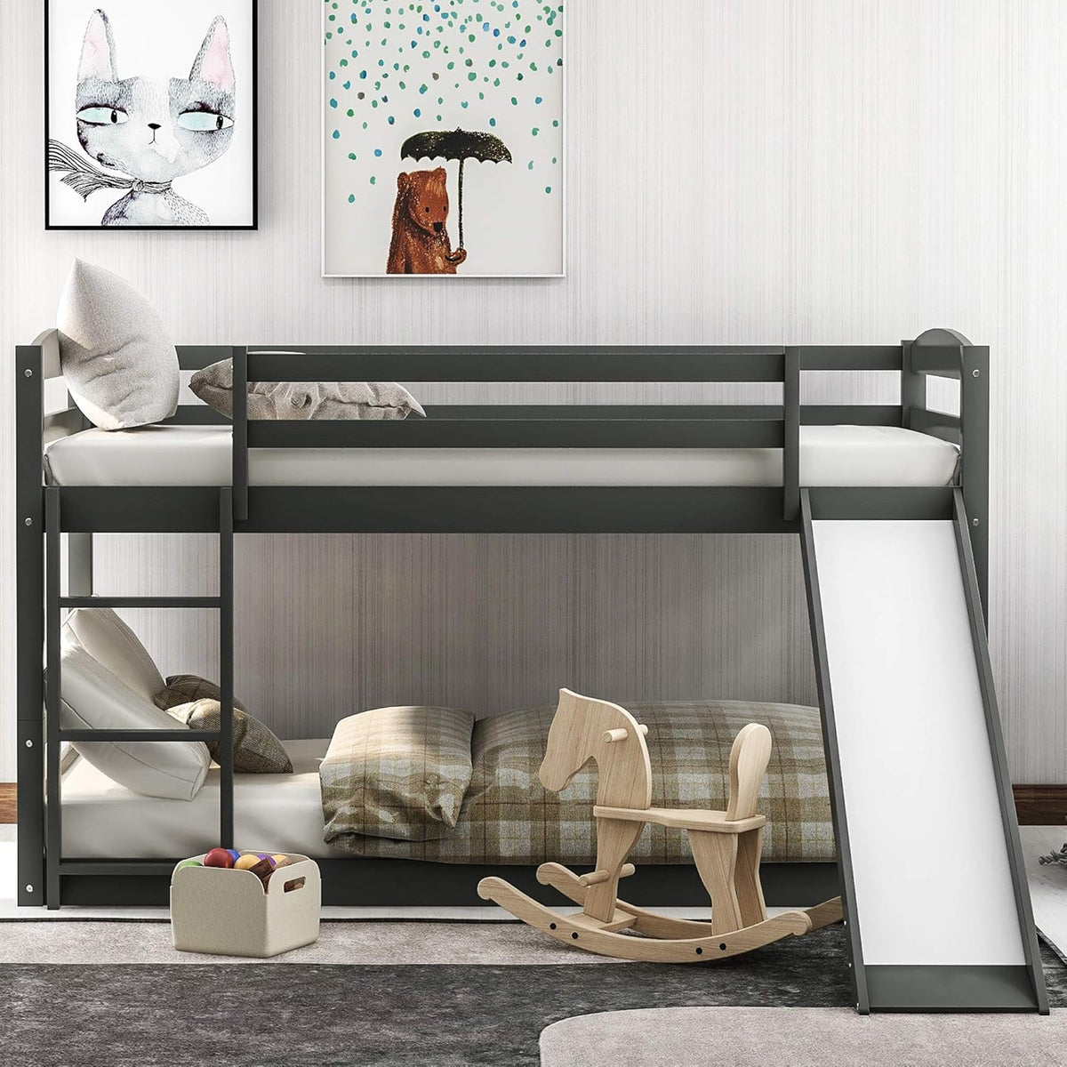 Twin House Shaped Bunk Beds with Slide and Ladder E5084