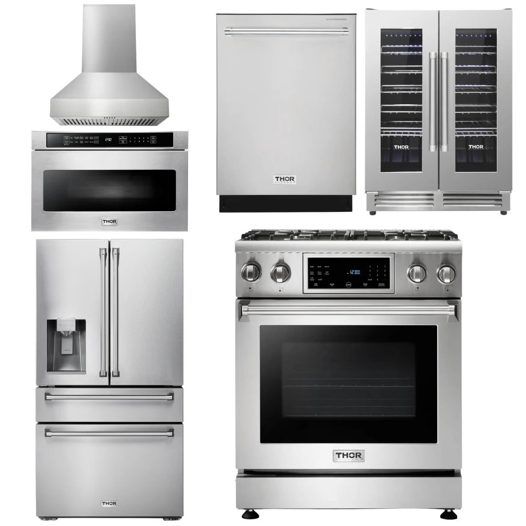 30 Gas Range, Hood, Microwave, Refrigerator, Dishwasher, Wine Cooler B57084