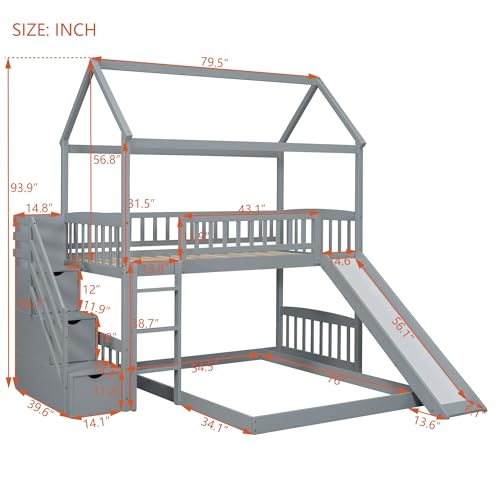 Twin Over Full Bunk Bed with Stairs and Slide, Gray M29973