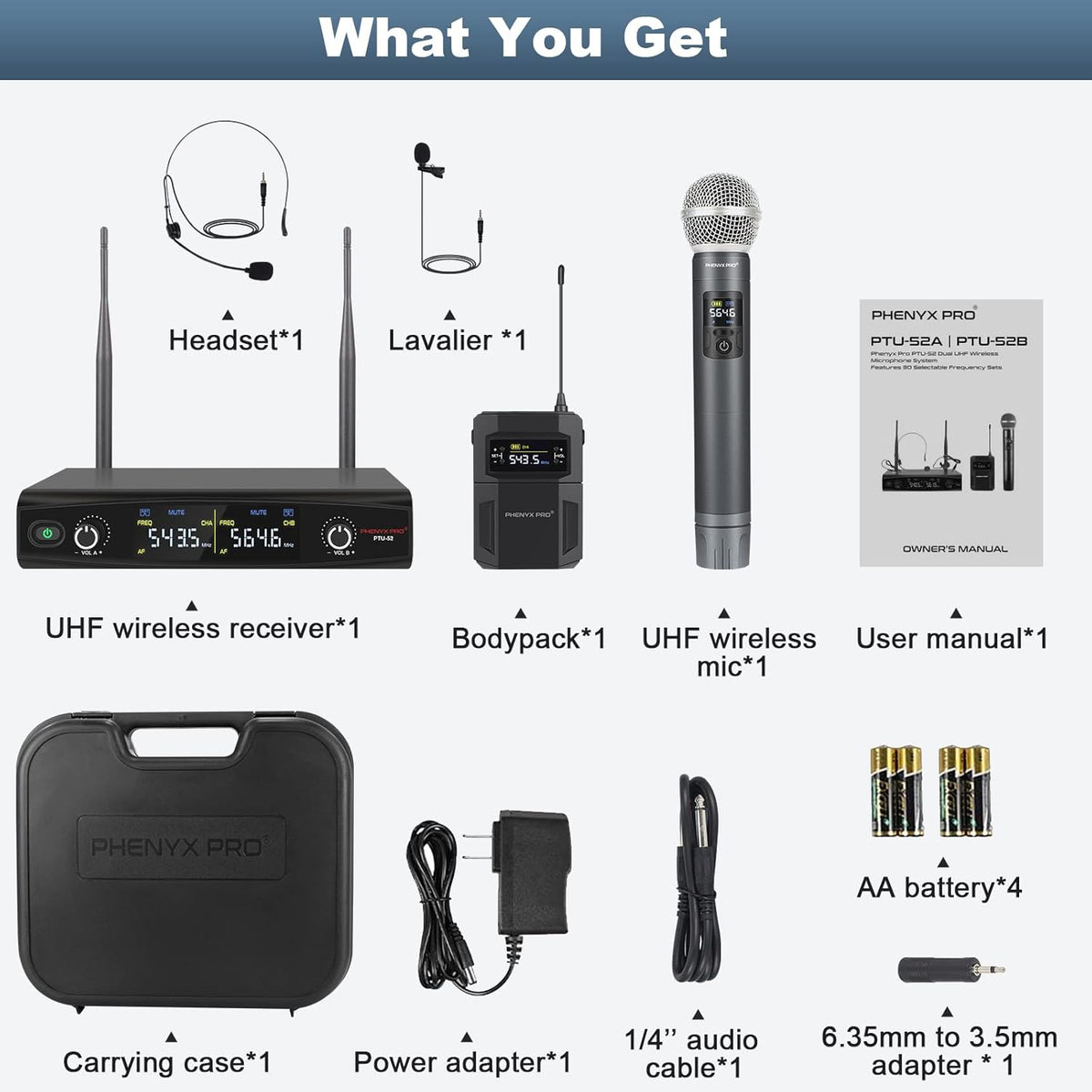 UHF Wireless Microphone System, 30 Adjustable Frequencies, Handheld/Bodypack/Headset/Lapel Mic Set with Case G88013