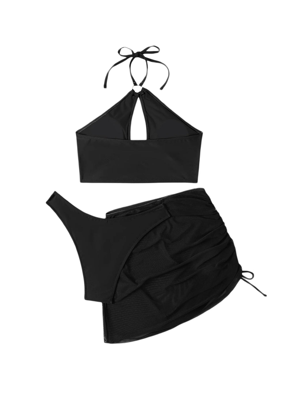 3 Pcs Bikini Set Halter Backless Tie-up Swim Bra Thong with Sarong Skirt Tie-dye Black K2461