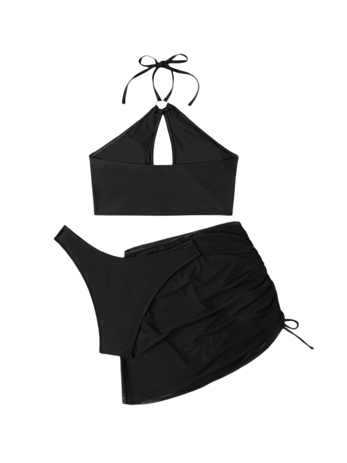 3 Pcs Bikini Set Halter Backless Tie-up Swim Bra Thong with Sarong Skirt Tie-dye Black K2461