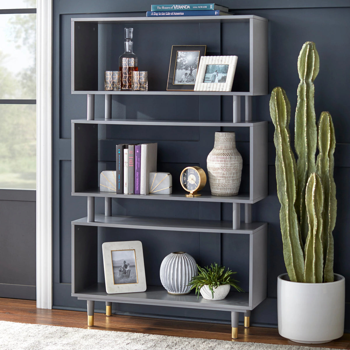 Mid-Century Modern 3-tier Bookshelf Antique Blue C16907