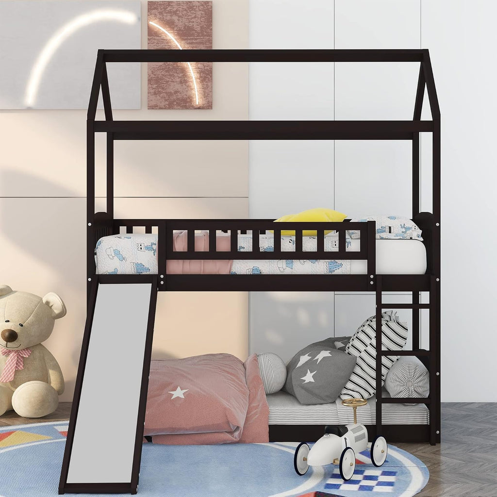 Twin House Shaped Bunk Beds with Slide and Ladder E5084