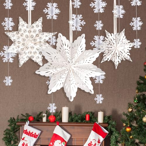 3Pcs Christmas Paper Snowflake Lanterns with Lights & Banner K245109