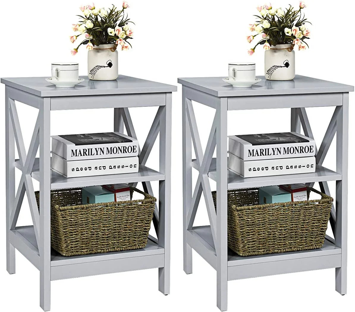 3-Tier Nightstand Set of 2 Wooden Side Table with Storage Shelf T907346