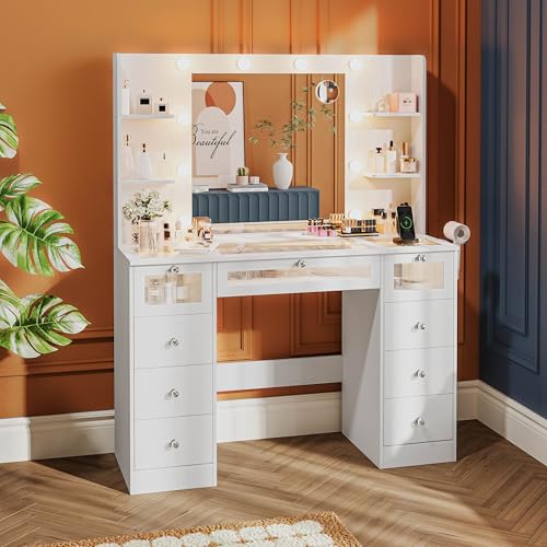 White Vanity Desk with Mirror and Lights, Glass Top, 9 Drawers, 4 Shelves T9637