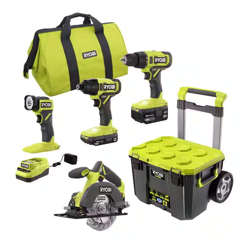 18V Cordless 4-Tool Combo Kit with Battery, Charger, and Rolling Tool Box H533
